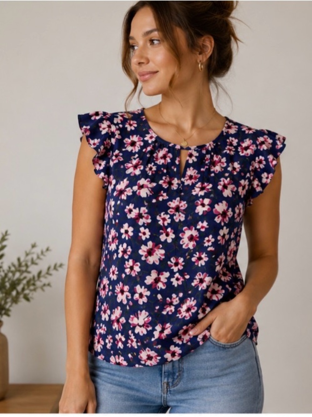 Market & Spruce Navy Floral Flutter Sleeve Blouse “The Bloom Collection”